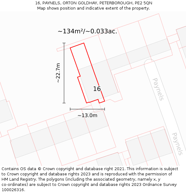 16, PAYNELS, ORTON GOLDHAY, PETERBOROUGH, PE2 5QN: Plot and title map