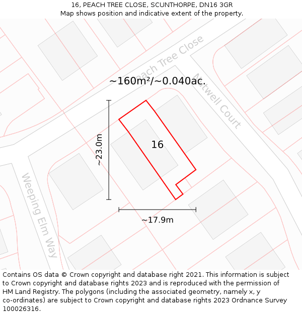 16, PEACH TREE CLOSE, SCUNTHORPE, DN16 3GR: Plot and title map