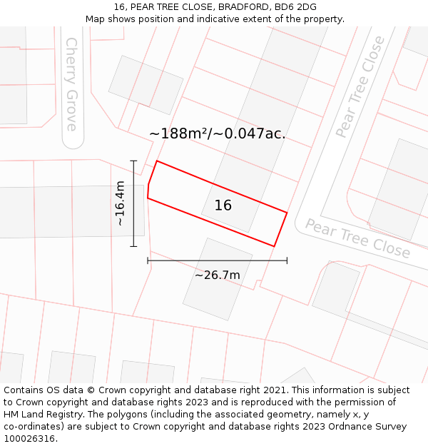 16, PEAR TREE CLOSE, BRADFORD, BD6 2DG: Plot and title map