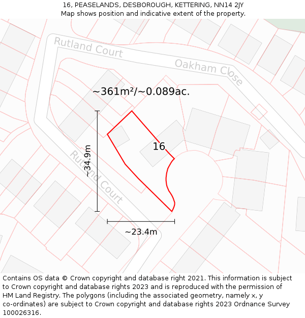 16, PEASELANDS, DESBOROUGH, KETTERING, NN14 2JY: Plot and title map