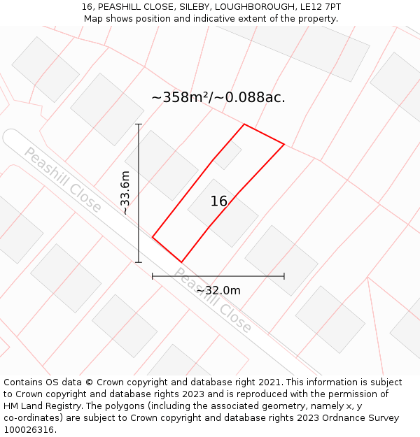 16, PEASHILL CLOSE, SILEBY, LOUGHBOROUGH, LE12 7PT: Plot and title map