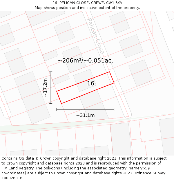 16, PELICAN CLOSE, CREWE, CW1 5YA: Plot and title map