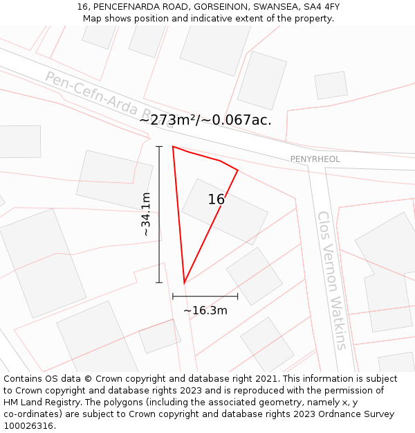 16, PENCEFNARDA ROAD, GORSEINON, SWANSEA, SA4 4FY: Plot and title map