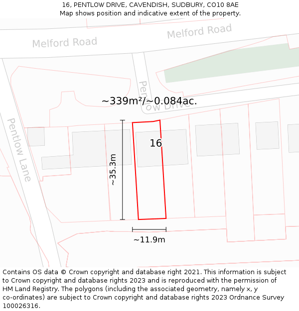 16, PENTLOW DRIVE, CAVENDISH, SUDBURY, CO10 8AE: Plot and title map