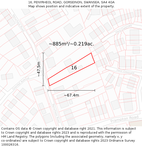 16, PENYRHEOL ROAD, GORSEINON, SWANSEA, SA4 4GA: Plot and title map