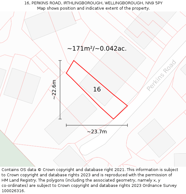 16, PERKINS ROAD, IRTHLINGBOROUGH, WELLINGBOROUGH, NN9 5PY: Plot and title map