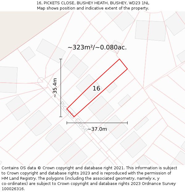 16, PICKETS CLOSE, BUSHEY HEATH, BUSHEY, WD23 1NL: Plot and title map