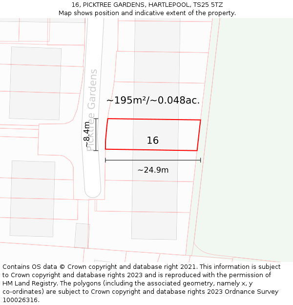 16, PICKTREE GARDENS, HARTLEPOOL, TS25 5TZ: Plot and title map