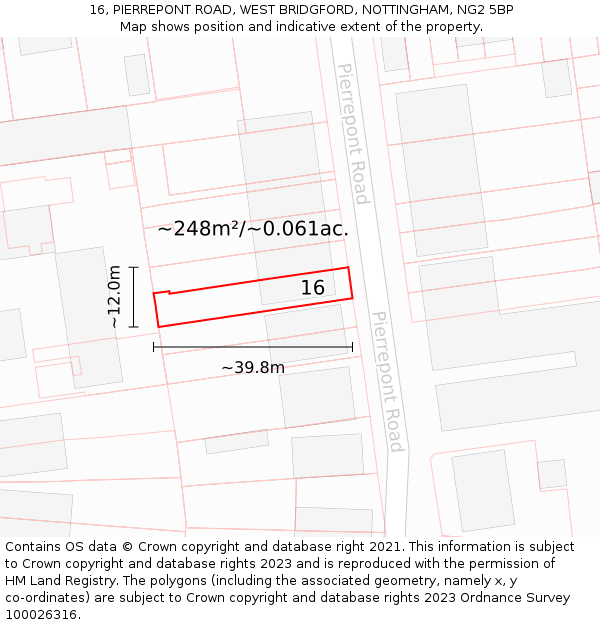 16, PIERREPONT ROAD, WEST BRIDGFORD, NOTTINGHAM, NG2 5BP: Plot and title map