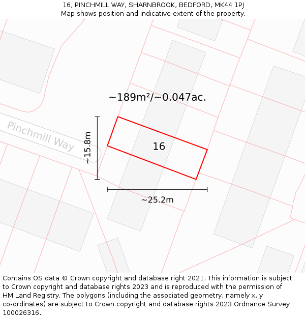 16, PINCHMILL WAY, SHARNBROOK, BEDFORD, MK44 1PJ: Plot and title map