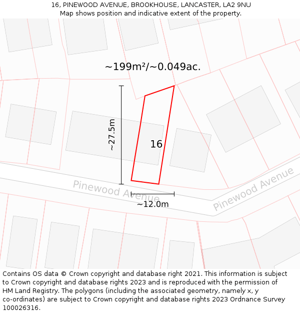 16, PINEWOOD AVENUE, BROOKHOUSE, LANCASTER, LA2 9NU: Plot and title map