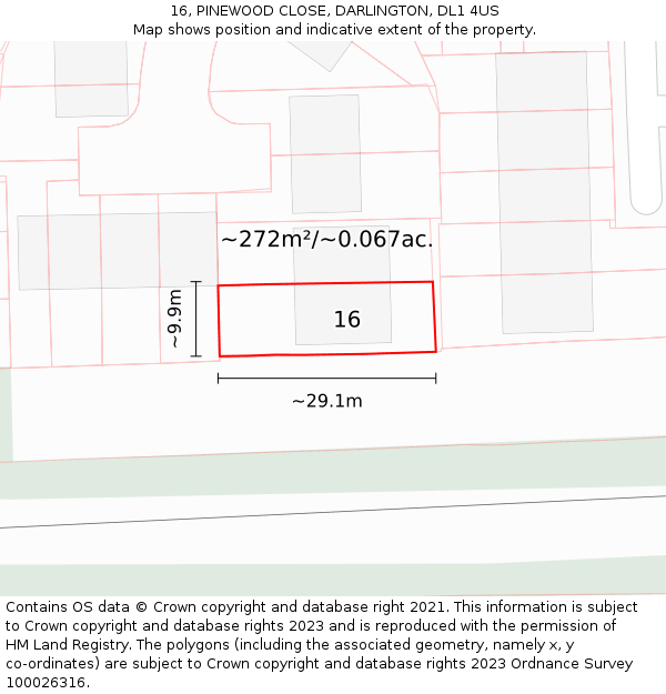 16, PINEWOOD CLOSE, DARLINGTON, DL1 4US: Plot and title map