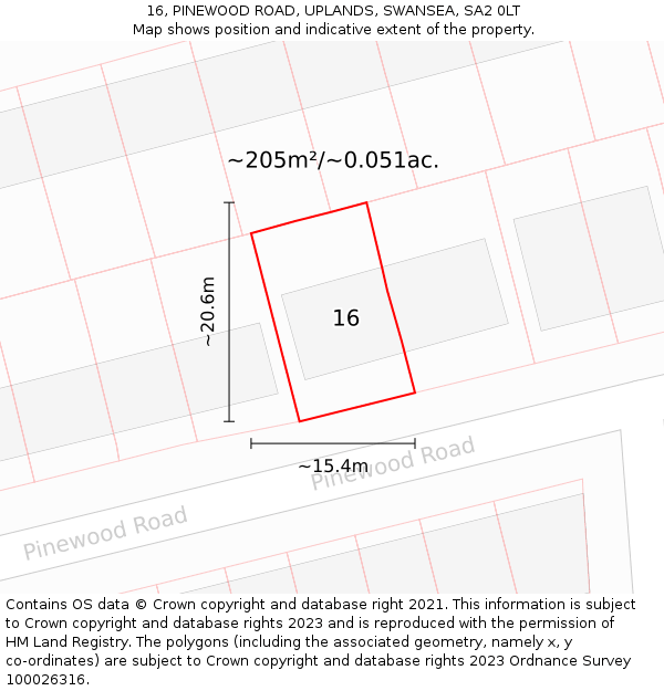 16, PINEWOOD ROAD, UPLANDS, SWANSEA, SA2 0LT: Plot and title map