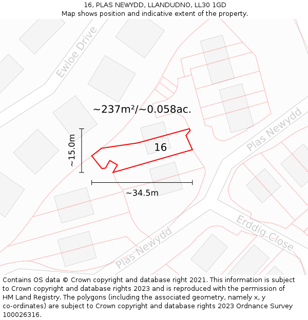 16, PLAS NEWYDD, LLANDUDNO, LL30 1GD: Plot and title map