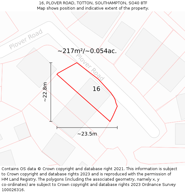 16, PLOVER ROAD, TOTTON, SOUTHAMPTON, SO40 8TF: Plot and title map