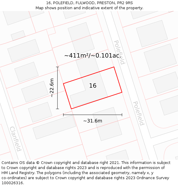 16, POLEFIELD, FULWOOD, PRESTON, PR2 9RS: Plot and title map