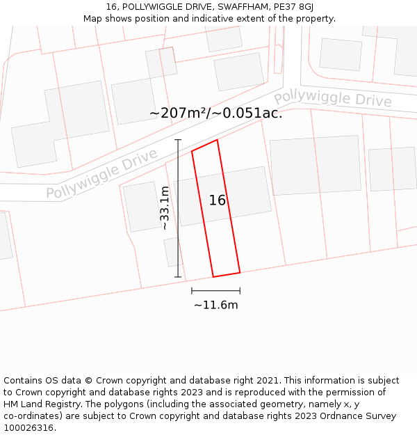 16, POLLYWIGGLE DRIVE, SWAFFHAM, PE37 8GJ: Plot and title map