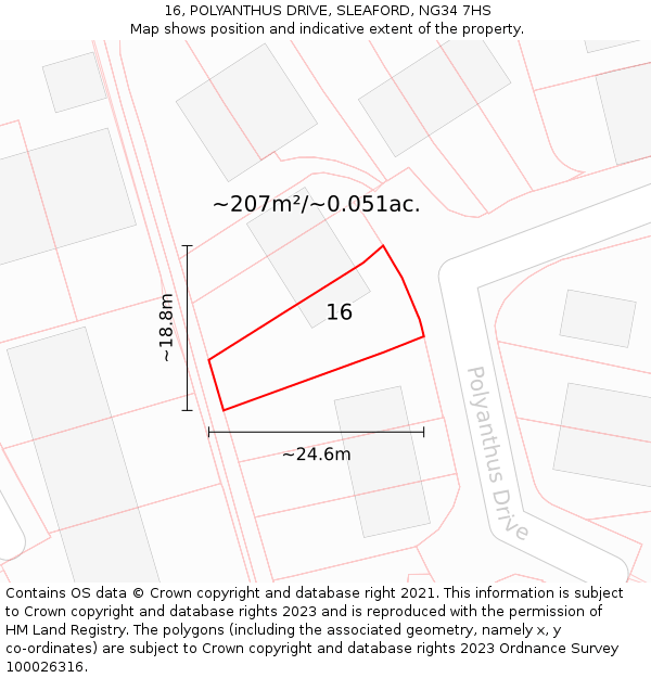 16, POLYANTHUS DRIVE, SLEAFORD, NG34 7HS: Plot and title map