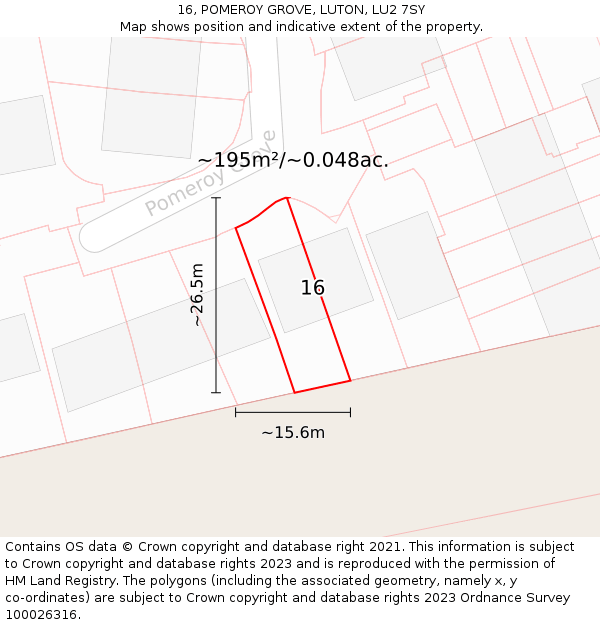 16, POMEROY GROVE, LUTON, LU2 7SY: Plot and title map