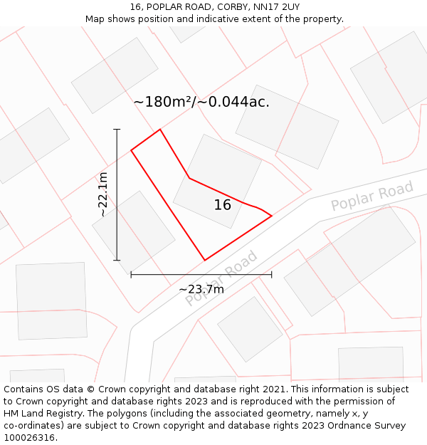 16, POPLAR ROAD, CORBY, NN17 2UY: Plot and title map