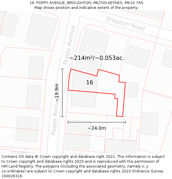 16, POPPY AVENUE, BROUGHTON, MILTON KEYNES, MK10 7AS: Plot and title map