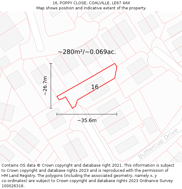 16, POPPY CLOSE, COALVILLE, LE67 4AX: Plot and title map
