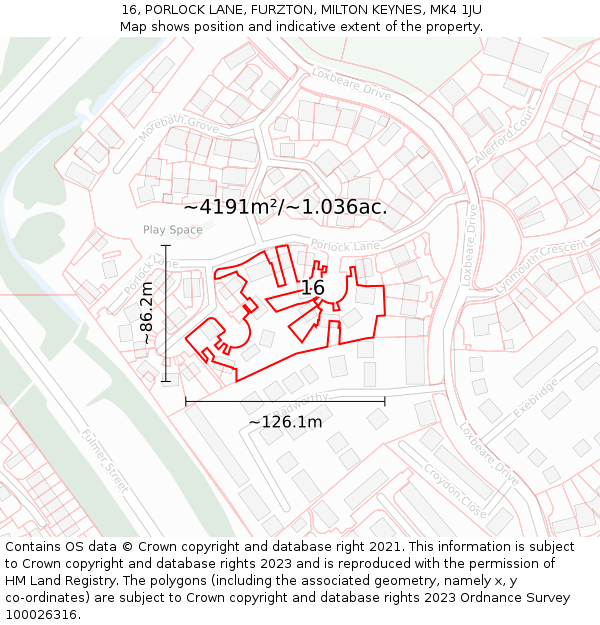 16, PORLOCK LANE, FURZTON, MILTON KEYNES, MK4 1JU: Plot and title map