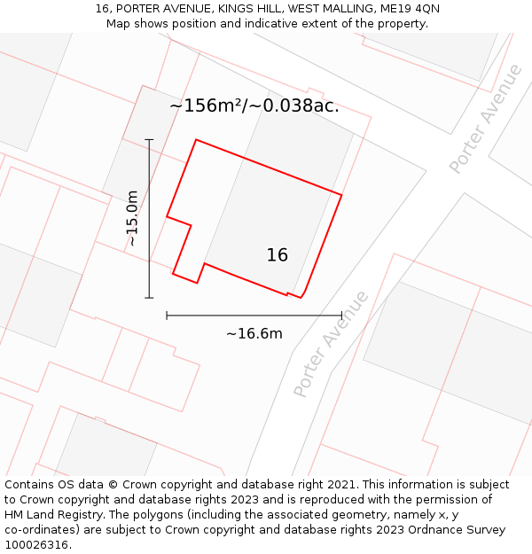 16, PORTER AVENUE, KINGS HILL, WEST MALLING, ME19 4QN: Plot and title map