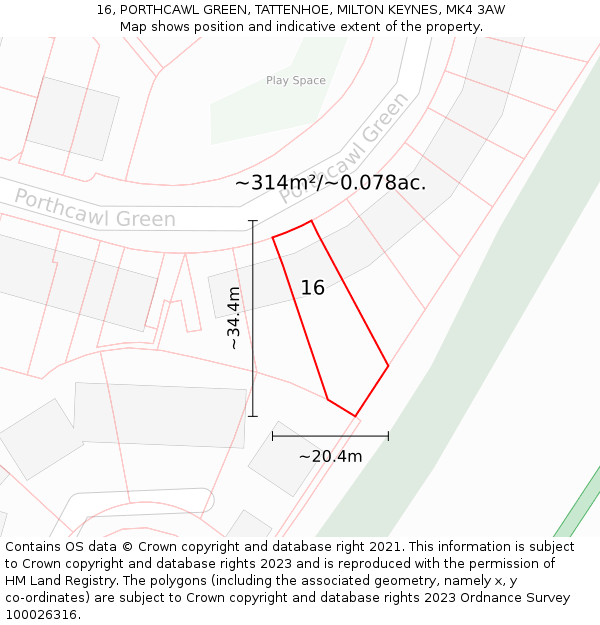 16, PORTHCAWL GREEN, TATTENHOE, MILTON KEYNES, MK4 3AW: Plot and title map