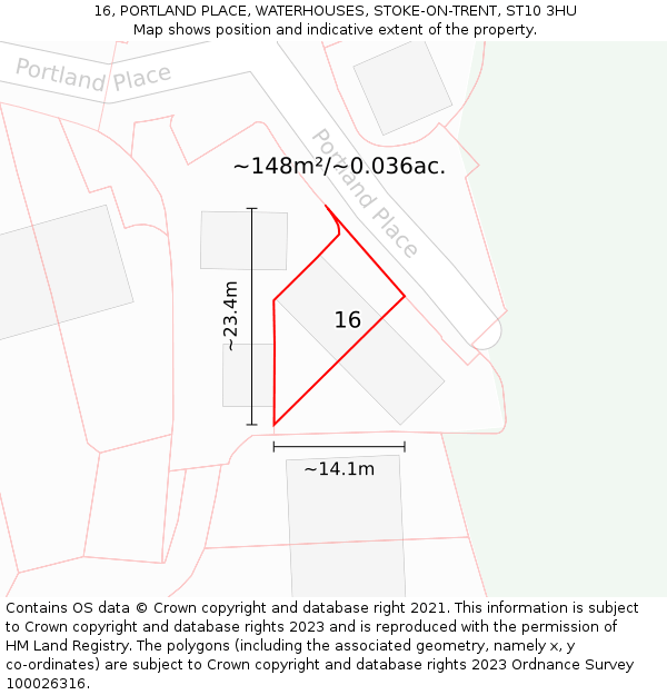 16, PORTLAND PLACE, WATERHOUSES, STOKE-ON-TRENT, ST10 3HU: Plot and title map