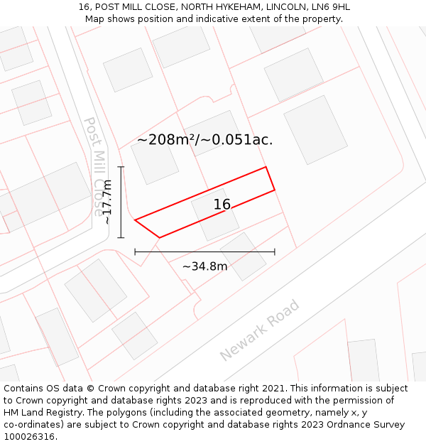 16, POST MILL CLOSE, NORTH HYKEHAM, LINCOLN, LN6 9HL: Plot and title map
