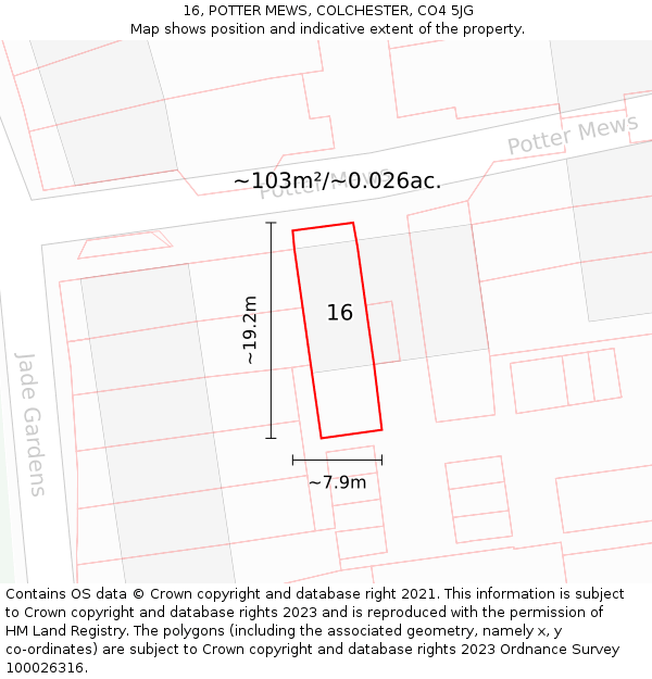 16, POTTER MEWS, COLCHESTER, CO4 5JG: Plot and title map