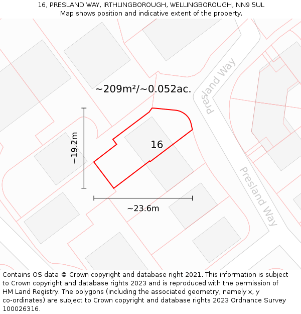 16, PRESLAND WAY, IRTHLINGBOROUGH, WELLINGBOROUGH, NN9 5UL: Plot and title map