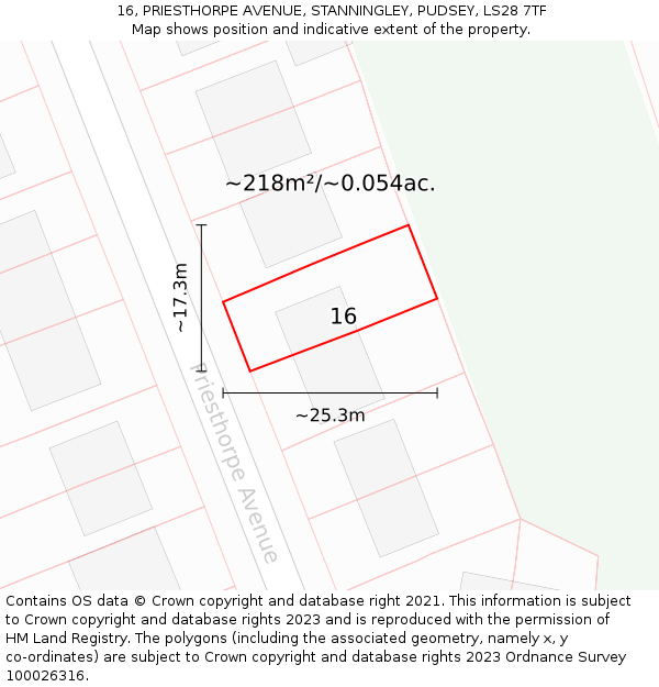 16, PRIESTHORPE AVENUE, STANNINGLEY, PUDSEY, LS28 7TF: Plot and title map