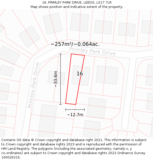 16, PRIMLEY PARK DRIVE, LEEDS, LS17 7LR: Plot and title map