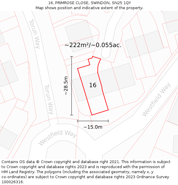 16, PRIMROSE CLOSE, SWINDON, SN25 1QY: Plot and title map