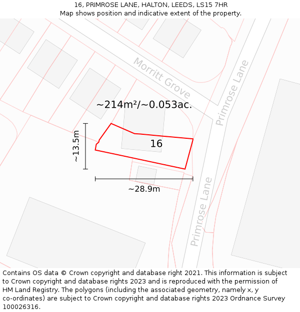 16, PRIMROSE LANE, HALTON, LEEDS, LS15 7HR: Plot and title map