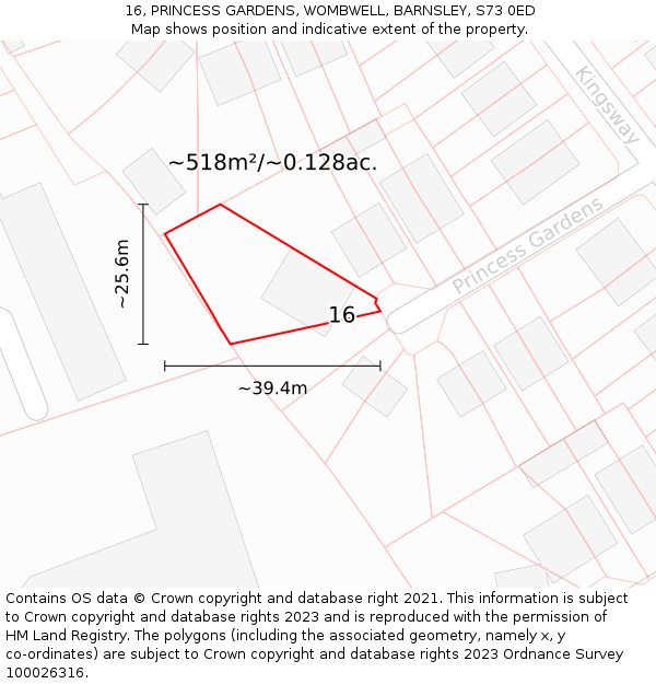 16, PRINCESS GARDENS, WOMBWELL, BARNSLEY, S73 0ED: Plot and title map