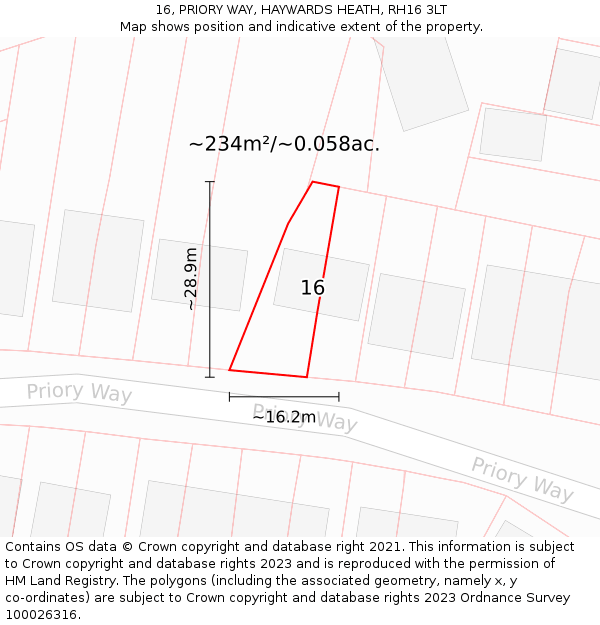 16, PRIORY WAY, HAYWARDS HEATH, RH16 3LT: Plot and title map