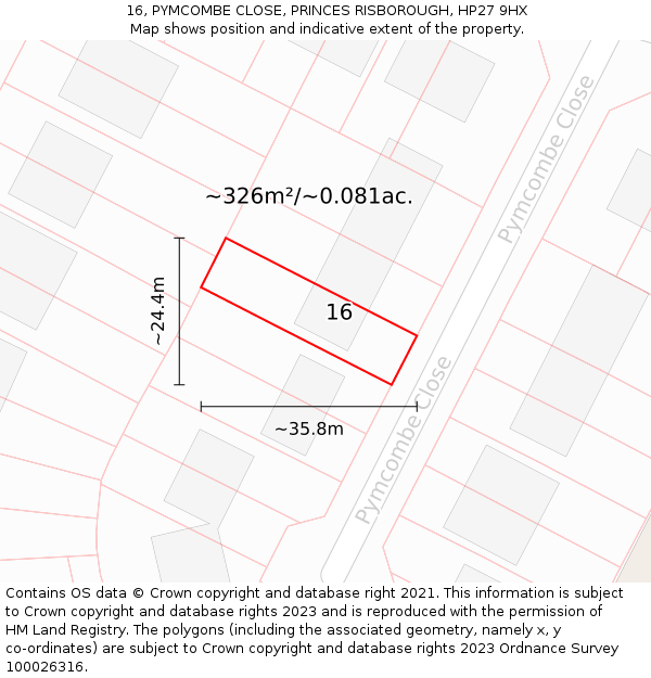16, PYMCOMBE CLOSE, PRINCES RISBOROUGH, HP27 9HX: Plot and title map