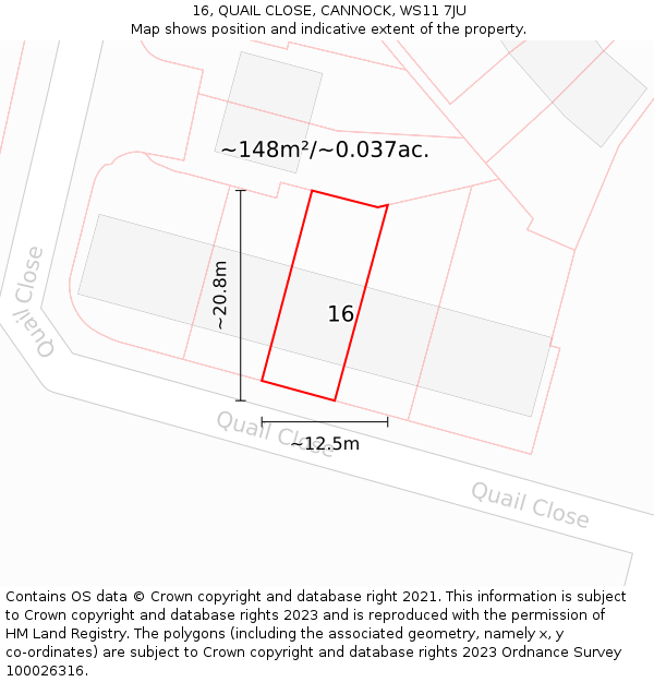 16, QUAIL CLOSE, CANNOCK, WS11 7JU: Plot and title map