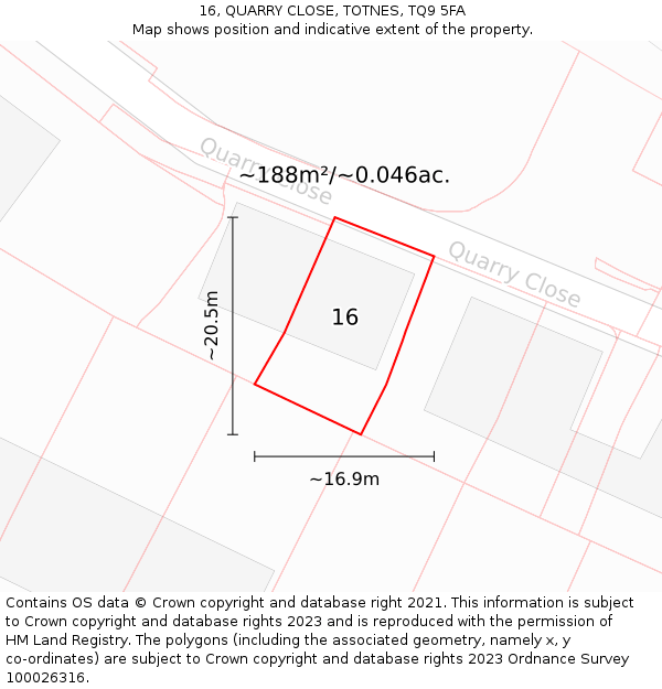 16, QUARRY CLOSE, TOTNES, TQ9 5FA: Plot and title map