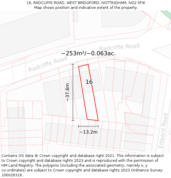 16, RADCLIFFE ROAD, WEST BRIDGFORD, NOTTINGHAM, NG2 5FW: Plot and title map