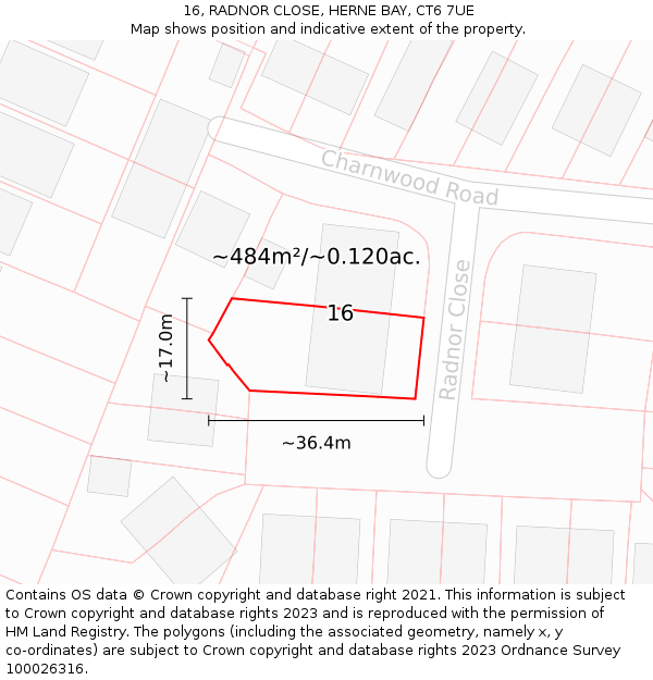 16, RADNOR CLOSE, HERNE BAY, CT6 7UE: Plot and title map