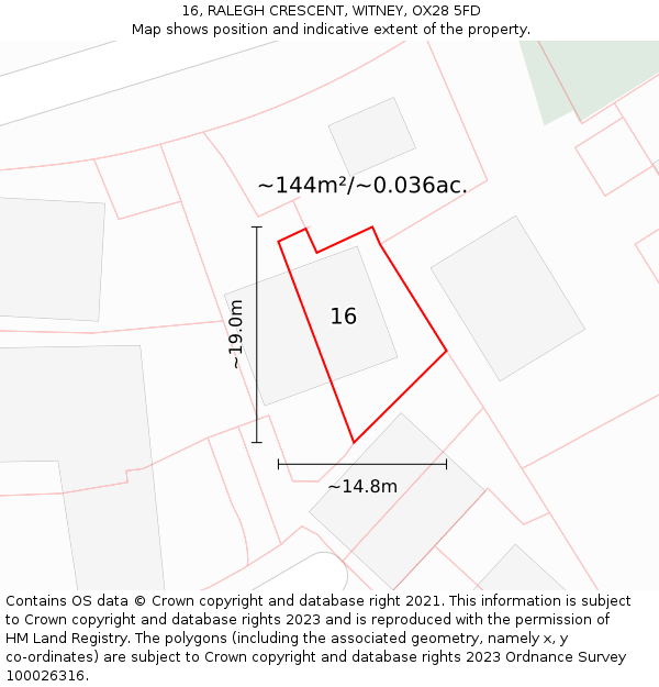 16, RALEGH CRESCENT, WITNEY, OX28 5FD: Plot and title map