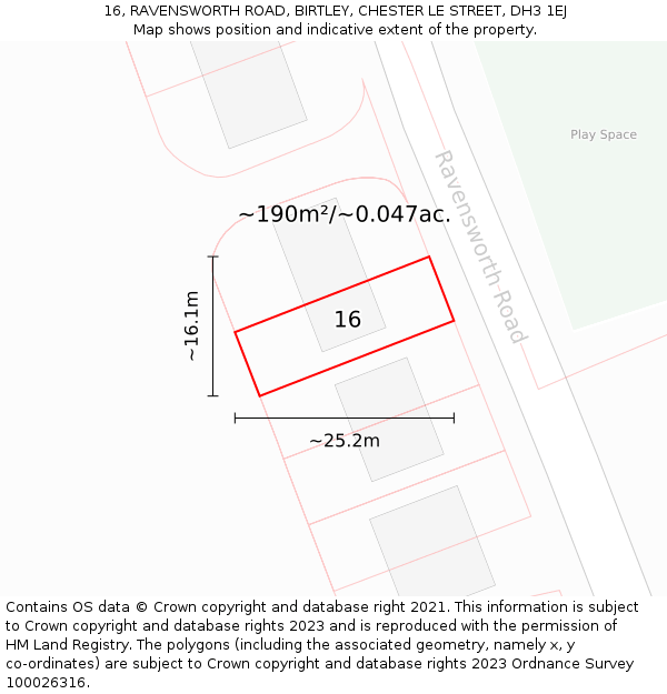 16, RAVENSWORTH ROAD, BIRTLEY, CHESTER LE STREET, DH3 1EJ: Plot and title map