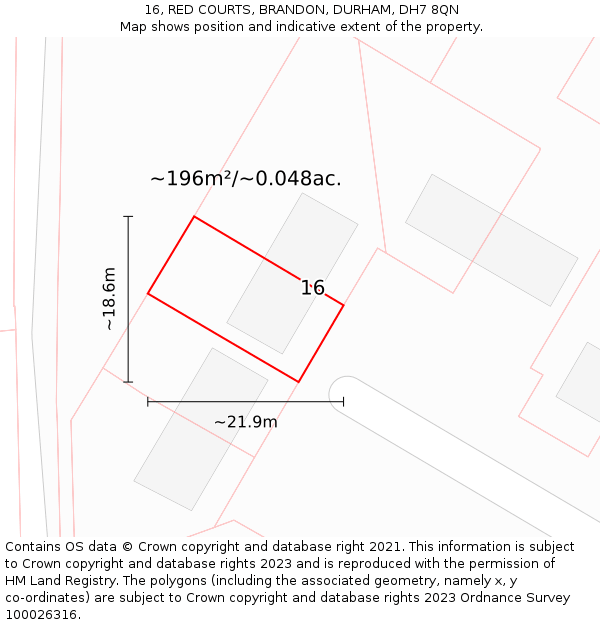 16, RED COURTS, BRANDON, DURHAM, DH7 8QN: Plot and title map