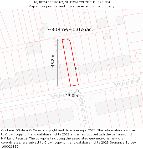 16, REDACRE ROAD, SUTTON COLDFIELD, B73 5EA: Plot and title map