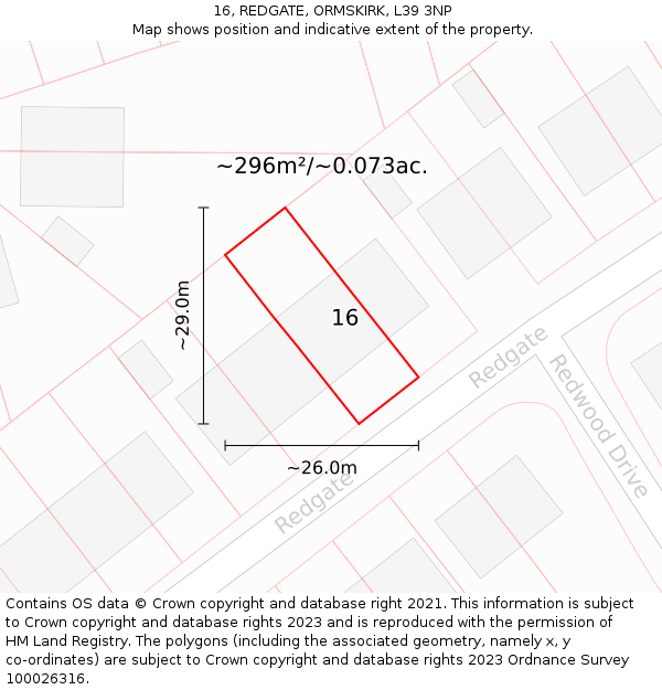 16, REDGATE, ORMSKIRK, L39 3NP: Plot and title map