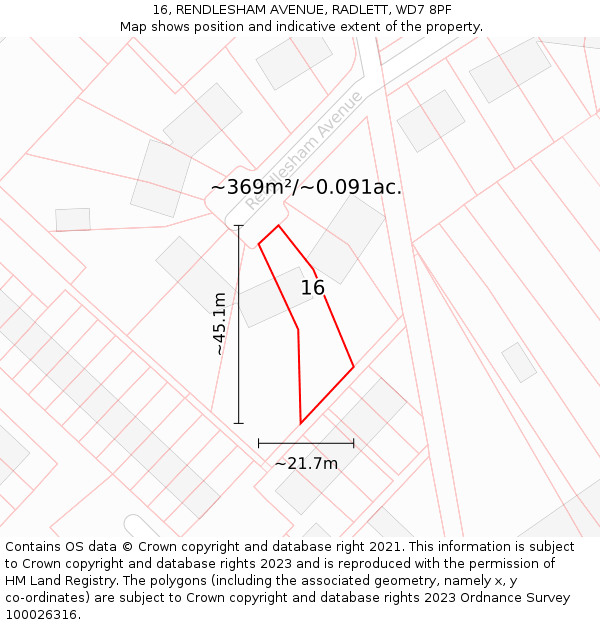 16, RENDLESHAM AVENUE, RADLETT, WD7 8PF: Plot and title map